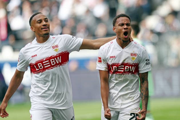 16 05 2026, xovx, Fußball Fußball Bundesliga, Eintracht Frankfurt VfB Stuttgart v l Jamie Leweling VfB Stuttgart and Nikolas Nartey VfB Stuttgart celebrate the goal to 0 2 DFL DFB REGULATIONS PROHIBIT ANY USE OF PHOTOGRAPHS as IMAGE SEQUENCES and or QUASI VIDEO emspor Frankfurt