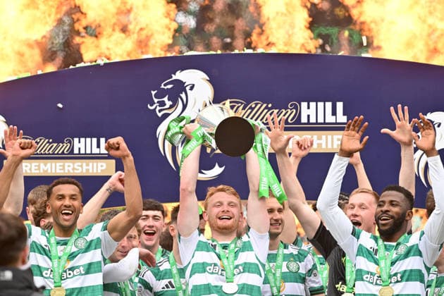Liam Scales of Celtic lifts the SPFL trophy Celtic v Heart of Midlothian, William Hill Scottish Premiership, Football, Celtic Park, Glasgow, Scotland, UK - 16 May 2026Glasgow Celtic Park United Kingdom EDITORIAL USE ONLY No use with unauthorised audio, video, data, fixture lists, club league logos or live services. Online in-match use limited to 120 images, no video emulation. No use in betting, games or single club league player publications. Copyright: xMarkxRunnacles Shutterstockx 16876830dg