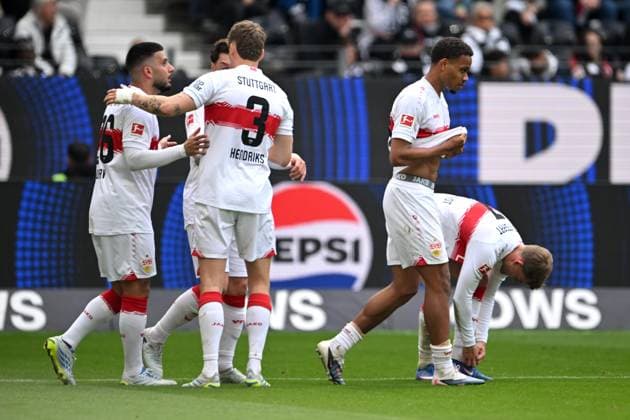 Soccer 1 Bundesliga 34 Matchday Eintracht Frankfurt VfB Stuttgart on 16 05 2026 at Deutsche Bank Park in Frankfurt Goal celebration to 0 2 by Nikolas Nartey Stuttgart DFL regulations prohibit any use of photographs as image sequences and or quasi video xJKx
