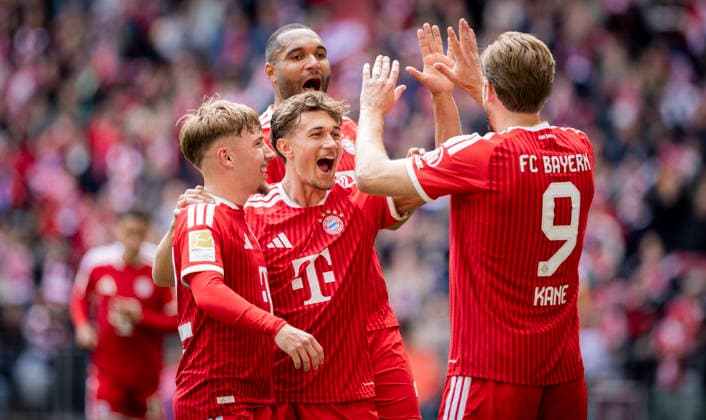 Munich, Germany 16th May 2026 Goal celebration Lennart Karl FCB Tom Bischof FCB Jonathan Tah FCB Harry Kane FCB FC Bayern München 1 FC Köln 16 05 2026