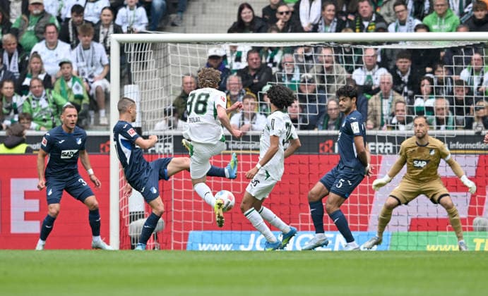 Hugo Bolin Nr 38 Bor Mönchengladbach shoots the goal for 1 0, action, against goalkeeper Oliver Baumann 1899 Hoffenheim , Soccer 1 Bundesliga, 34 Matchday, Borussia Moenchengladbach TSG 1899 Hoffenheim, on 16 05 2026 in Moenchengladbach Germany DFL regulations prohibit any use of photographs as image sequences and or quasi video Â