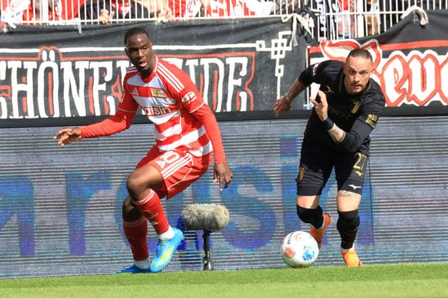 DEU, DFL, 1 FBL, 1 FC Union vs FC Augsburg, 16 05 2026, Stadion Alte Foersterei, Berlin, DEU, DFL, 1 FBL, 1 FC Union vs FC Augsburg, pictured Ilyas Ansah 1 FC Union Berlin 10 , Marius Wolf FC Augsburg 27 DFL regulations prohibit any use of Photographs as image sequences and or quasi video nordphotoxGmbHx xEngler nph00076