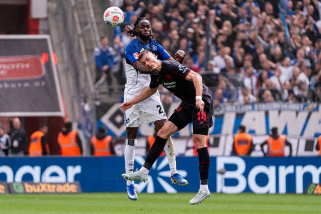 Leverkusen, Germany 16 May 2026 1 BL 2025 2026 Sp 34 Bayer 04 Leverkusen v Hamburger SV Pictured from left in duel Jordan Torunarigha HSV and Patrik Schick LEV DFL DFB regulations prohibit any use of photographs as image sequences and or quasi video BayArena Nordrhein Westfalen Copyright: xFotostandx xKruczynskix