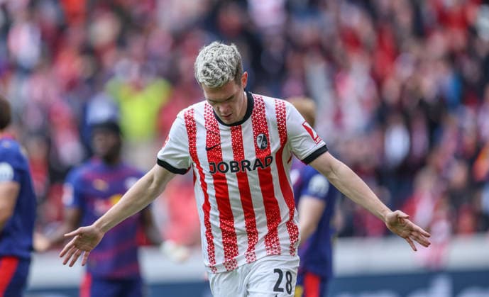 GER, Freiburg, SC Freiburg vs RB Leipzig, Bundesliga, Football, DFB, Season 2025 2026, Europa Park Stadium, 34 Matchday in picture Matthias Ginter SC Freiburg 28 , 3 1, Goal and jubilation, Emotions and joy DFB DFL REGULATIONS PROHIBIT ANY USE OF PHOTOGRAPHS AS IMAGE SEQUENCES AND OR QUASI VIDEO, 16 05 2026 Copyright: HMBxMedia HendrikxHamelau
