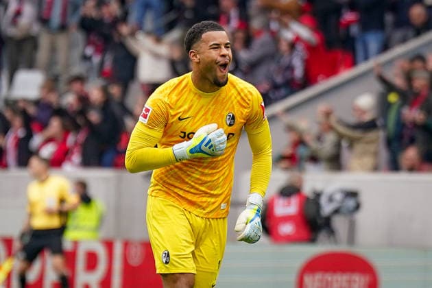 Germany Soccer Bundesliga 2025 2026, 34 Matchday SC Freiburg vs RB Leipzig Europa Park Stadion Freiburg Noah Atubolu SC Freiburg, 01 Joy, emotions, cheering, goal and goal celebration, facial expression, facial expression, emotion, gesture, gesture, freeze frame Copyright: xJOERANxSTEINSIEKx