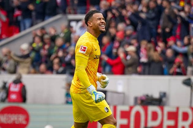 Germany Soccer Bundesliga 2025 2026, 34 Matchday SC Freiburg vs RB Leipzig Europa Park Stadion Freiburg Noah Atubolu SC Freiburg, 01 Joy, emotions, cheering, goal and goal celebration, facial expression, facial expression, emotion, gesture, gesture, freeze frame Copyright: xJOERANxSTEINSIEKx