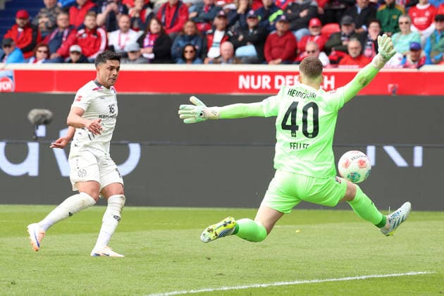 16 05 2026, xrekx, Fußball 1 Bundesliga, 1 FC Heidenheim FSV Mainz 05 v l Nadiem Amiri 1 FSV Mainz 05 Frank Feller 1 FC Heidenheim 1846 Zweikampf, Aktion, action, battle for the ball DFL DFB REGULATIONS PROHIBIT ANY USE OF PHOTOGRAPHS as IMAGE SEQUENCES and or QUASI VIDEO Heidenheim