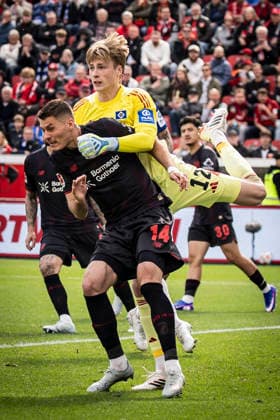 LEVERKUSEN, GERMANY - MAY 16, 2026 : Keeper Sander Tangvik (Hamburger SV, 12) and Patrik Schick (Bayer 04 Leverkusen, 14) during the German Bundesliga match on gameday 34 between Bayer 04 Leverkusen vs. Hamburger SV at BayArena on May 16, 2026 in Leverkusen, Germany. DFL REGULATIONS PROHIBIT ANY USE OF PHOTOGRAPHS AS IMAGE SEQUENCES AND OR QUASI-VIDEO. Northrhine-Westphalia Germany Copyright: xAxelxKohringx