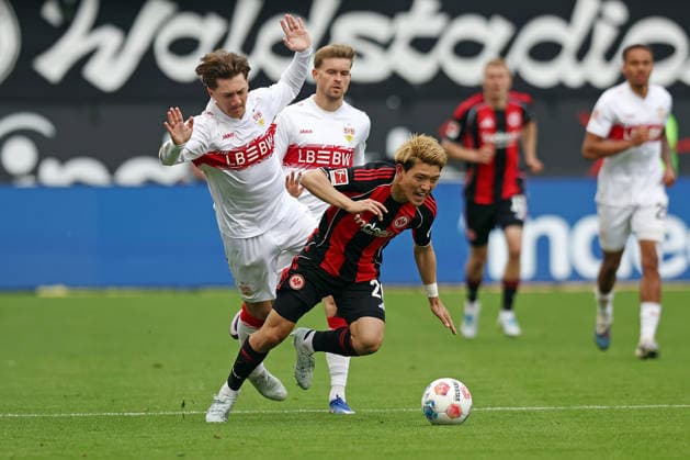 16 05 2026, xovx, Fußball Fußball Bundesliga, Eintracht Frankfurt VfB Stuttgart v l Angelo Stiller VfB Stuttgart , Maximilian Mittelstädt VfB Stuttgart , Ritsu Doan Eintracht Frankfurt DFL DFB REGULATIONS PROHIBIT ANY USE OF PHOTOGRAPHS as IMAGE SEQUENCES and or QUASI VIDEO emspor Frankfurt