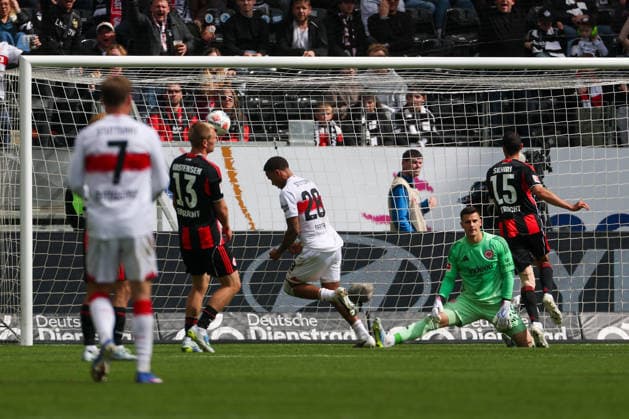 Soccer 1 Bundesliga Eintracht Frankfurt VfB Stuttgart on 16 05 2026 at Deutsche Bank Park in Frankfurt Nikolas Nartey Stuttgart 28 scores against goalkeeper Michael Zetterer Frankfurt 23 to make it 0 - 2 MH