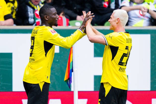 16 05 2026 Soccer, 2025 2026, 1 Bundesliga, Matchday 34, SV Werder Bremen Borussia Dortmund L R Serhou Guirassy Dortmund celebrates after his goal to 0 1 with Julian Ryerson Dortmund DFL REGULATIONS PROHIBIT ANY USE OF PHOTOGRAPHS AS IMAGE SEQUENCES AND OR QUASI VIDEO