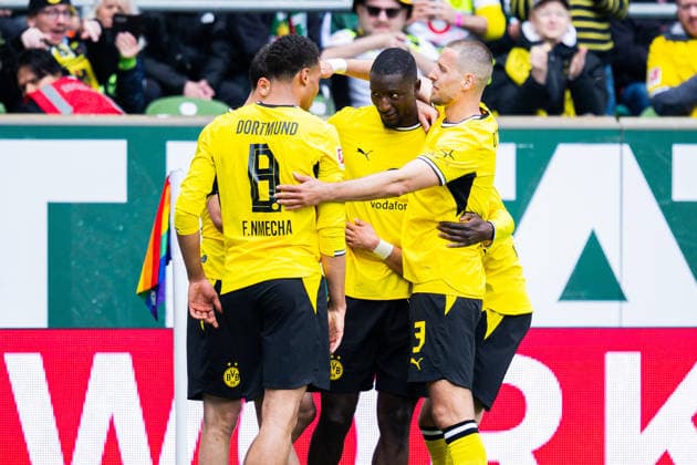 16 05 2026 Soccer, 2025 2026, 1 Bundesliga, Matchday 34, SV Werder Bremen Borussia Dortmund M Serhou Guirassy Dortmund celebrates after his goal to 0 1 with L R Felix Nmecha Dortmund , Waldemar Anton Dortmund DFL REGULATIONS PROHIBIT ANY USE OF PHOTOGRAPHS AS IMAGE SEQUENCES AND OR QUASI VIDEO
