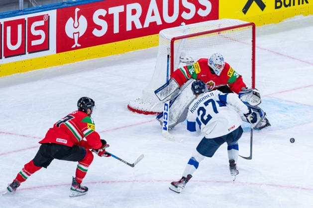 ZURICH, SWITZERLAND - MAY 16: Adam Vay (Hungary, 30) catches Puck from Janne Kuokkanen (Finland, 27) during the Preliminary Round - Group A Match 7 between Hungary and Finland at the IIHF Ice hockey, Eishockey World Championship, WM, Weltmeisterschaft 2026, Swiss Life Arena on May 16, 2026 in Zurich, Switzerland. Zurich Switzerland Copyright: xTimoxSteinx