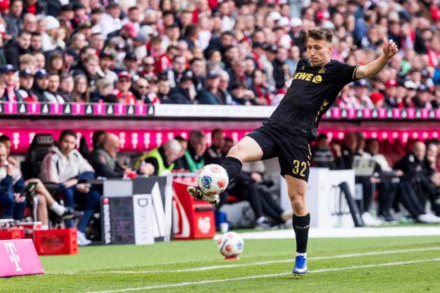 MUNICH, GERMANY - MAY 16: Kristoffer Lund (1. FC Koeln, 32) tries to save the ball on the line during the Bundesliga match between FC Bayern Muenchen vs. 1. FC Koeln at Allianz Arena on matchday 34 of the 1. Bundesliga on May 16, 2026 in Munich, Germany. DFL REGULATIONS PROHIBIT ANY USE OF PHOTOGRAPHS AS IMAGE SEQUENCES AND OR QUASI-VIDEO. Bavaria Germany Copyright: xSteffiexWunderlx