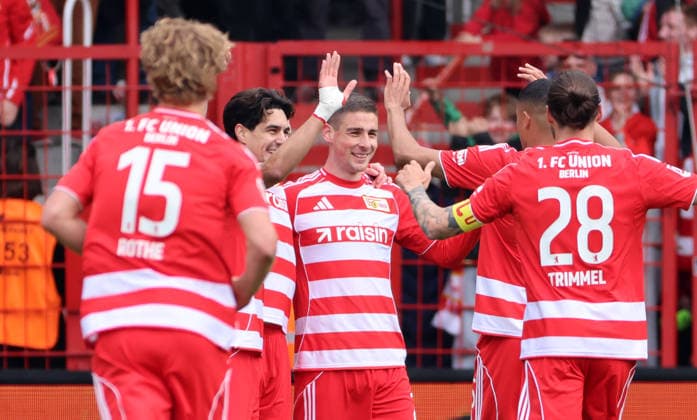 Andrej Ilic celebrates with teammates after scoring 1 0 Joy Emotion Cheering Sport Football Soccer Bundesliga Men DFL 34 Matchday Season 2025 2026 16 05 2026 1 FC Union Berlin FCU vs FC Augsburg FCA DFL regulations prohibit any use of photographs as image sequences and or quasi video