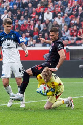 Leverkusen, Germany 16 May 2026 1 BL 2025 2026 Sp 34 Bayer 04 Leverkusen v Hamburger SV In picture from left in duel Patrik Schick LEV and goalkeeper Sander Tangvik HSV DFL DFB regulations prohibit any use of photographs as image sequences and or quasi video BayArena Nordrhein Westfalen Copyright: xFotostandx xKruczynskix