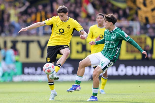 Luca Reggiani Borussia Dortmund and Patrice Covic Werder Bremen battle for the ball, Bundesliga, SV Werder Bremen v Borussia Dortmund, Weserstadion, May 16, 2026 in Bremen, Germany Photo by Marco Steinbrenner DeFodi Images Luca Reggiani Borussia Dortmund and Patrice Covic Werder Bremen battle for the ball, Bundesliga, SV Werder Bremen v Borussia Dortmund, Weserstadion, May 16, 2026 in Bremen, Germany Photo by Marco Steinbrenner DeFodi Images DFL regulations prohibit any use of photographs as image sequences and or quasi video
