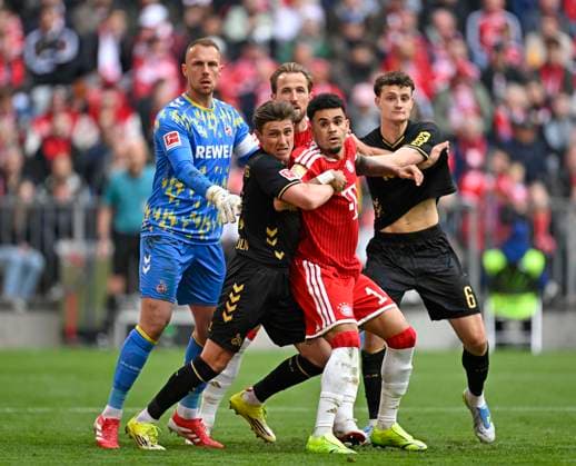 16 05 2026, Soccer Bundesliga 2025 2026, Matchday 34, FC Bayern Munich 1 FC Cologne, at the Allianz Arena Munich, from l Goalkeeper Marvin Schwäbe Cologne , Alessio Castro Montes 1 FC Cologne , Harry Kane FC Bayern Munich , Luis Diaz FC Bayern Munich and Eric Martel Cologne DFL and DFB regulations prohibit any use of photographs as image sequences and or quasi video