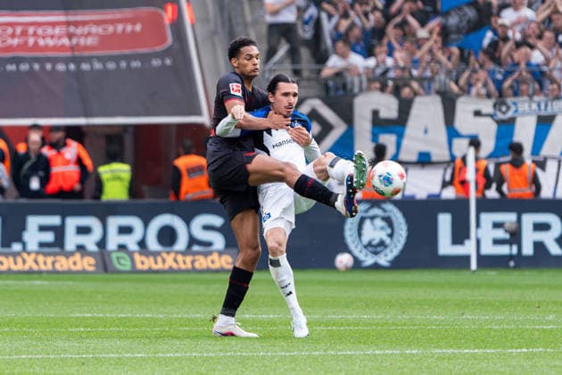 Leverkusen, Germany 16 May 2026 1 BL 2025 2026 Sp 34 Bayer 04 Leverkusen v Hamburger SV Pictured from left in duel Jarell Quansah LEV and Rayan Philippe HSV DFL DFB regulations prohibit any use of photographs as image sequences and or quasi video BayArena Nordrhein Westfalen Copyright: xFotostandx xKruczynskix