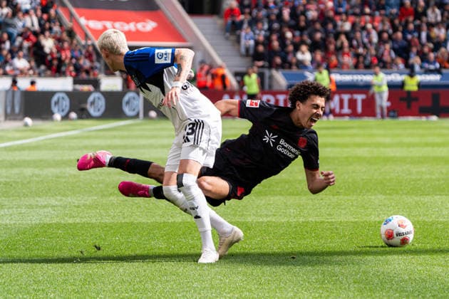 Leverkusen, Germany 16 May 2026 1 BL 2025 2026 Sp 34 Bayer 04 Leverkusen v Hamburger SV Pictured from left in duel Albert Gronbaek HSV and Montrell Culbreath LEV DFL DFB regulations prohibit any use of photographs as image sequences and or quasi video BayArena Nordrhein Westfalen Copyright: xFotostandx xKruczynskix