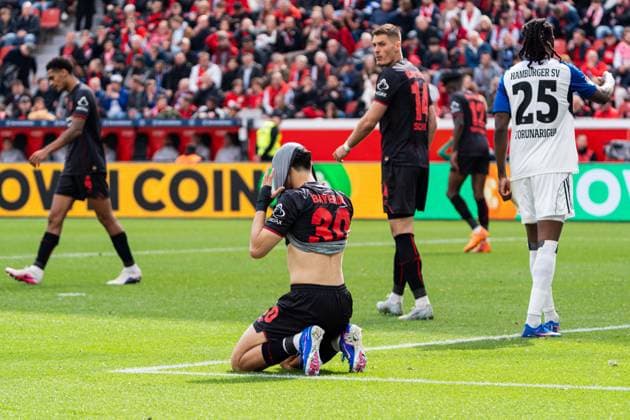 Leverkusen, Germany 16 May 2026 1 BL 2025 2026 Sp 34 Bayer 04 Leverkusen v Hamburger SV In the picture Ibrahim Maza LEV is annoying on the pitch DFL DFB regulations prohibit any use of photographs as image sequences and or quasi video BayArena Nordrhein Westfalen Copyright: xFotostandx xKruczynskix