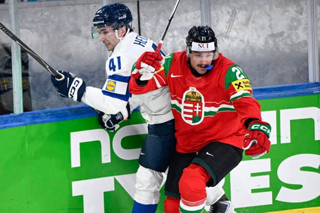LKS 20260516 Ville Heinola (L) of Finland vies with Kristof Papp of Hungary during the 2026 IIHF Ice hockey, Eishockey World Championships preliminary round group A match between Hungary and Finland in Zurich on May 16, 2026. - RONI REKOMAA Zürich Switzerland boDUcrABTsw  Copyright: xRonixRekomaax boDUcrABTsw