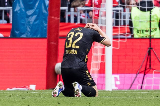 MUNICH, GERMANY - MAY 16: Kristoffer Lund (1. FC Koeln, 32) frustrated during the Bundesliga match between FC Bayern Muenchen vs. 1. FC Koeln at Allianz Arena on matchday 34 of the 1. Bundesliga on May 16, 2026 in Munich, Germany. DFL REGULATIONS PROHIBIT ANY USE OF PHOTOGRAPHS AS IMAGE SEQUENCES AND OR QUASI-VIDEO. Bavaria Germany Copyright: xSteffiexWunderlx