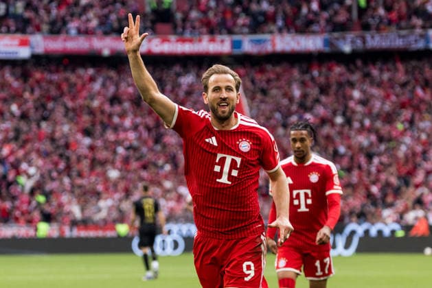 MUNICH, GERMANY - MAY 16: Harry Kane (FC Bayern Muenchen, 9) celebrates scoring the 4:1 goal during the Bundesliga match between FC Bayern Muenchen vs. 1. FC Koeln at Allianz Arena on matchday 34 of the 1. Bundesliga on May 16, 2026 in Munich, Germany. DFL REGULATIONS PROHIBIT ANY USE OF PHOTOGRAPHS AS IMAGE SEQUENCES AND OR QUASI-VIDEO. Bavaria Germany Copyright: xSteffiexWunderlx