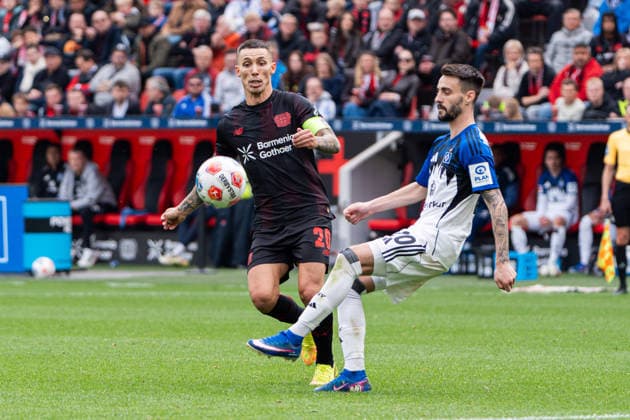 Leverkusen, Germany 16 May 2026 1 BL 2025 2026 Sp 34 Bayer 04 Leverkusen v Hamburger SV Pictured from left in duel Alejandro Grimaldo LEV and Fabio Vieira HSV DFL DFB regulations prohibit any use of photographs as image sequences and or quasi video BayArena Nordrhein Westfalen Copyright: xFotostandx xKruczynskix