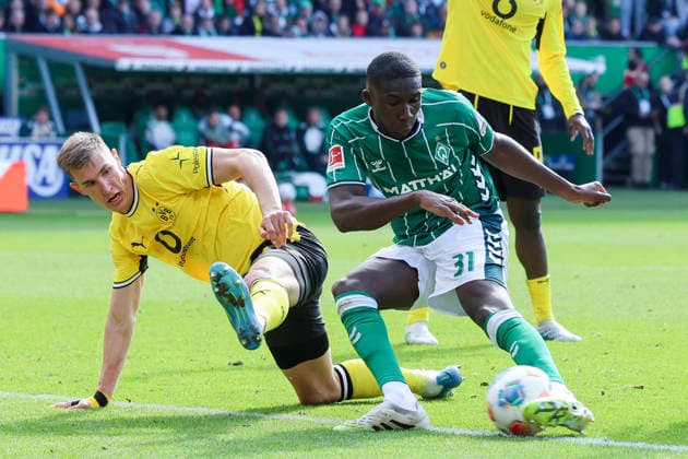 Karim Coulibaly Werder Bremen scores the equalizer to make it 1 1 with this shot past Nico Schlotterbeck Borussia Dortmund, Bundesliga, SV Werder Bremen v Borussia Dortmund, Weserstadion, May 16, 2026 in Bremen, Germany Photo by Marco Steinbrenner DeFodi Images Karim Coulibaly Werder Bremen scored the equalizer to make it 1 1 with this shot past Nico Schlotterbeck Borussia Dortmund , but the goal was disallowed for offside, Bundesliga, SV Werder Bremen v Borussia Dortmund, Weserstadion, May 16, 2026 in Bremen, Germany Photo by Marco Steinbrenner DeFodi Images DFL regulations prohibit any use of photographs as image sequences and or quasi video