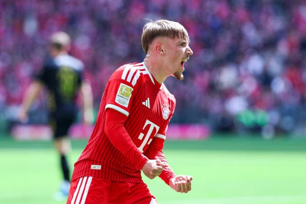 GER 1 FBL, FC Bayern München vs 1 FC Köln 16 05 2026, Allianz Arena, Munich, GER 1 FBL, FC Bayern München vs 1 FC Köln, picture shows Lennart Karl FC Bayern München 42 celebrates the 2 0 for Munich nordphotoxGmbHx xSchneider nph00003