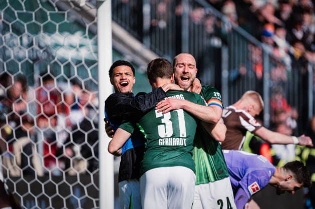 1 Bundesliga FC St Pauli vs VfL Wolfsburg, 16 05 2026 GOAL, CHEER for 1 3 by Dženan Pejcinovic VfL Wolfsburg, 17 , here Christian Eriksen VfL Wolfsburg, 24 with Yannick Gerhardt VfL Wolfsburg, 31 Soccer, 1 Bundesliga, 34 Matchday FC St Pauli vs VfL Wolfsburg on 16 05 2026 at Millerntor Stadion, Hamburg DFL REGULATIONS PROHIBIT ANY USE OF PHOTOGRAPHS AS IMAGE SEQUENCES AND OR QUASI VIDEO Copyright: xBEAUTIFULxSPORTS Tonhäuserx