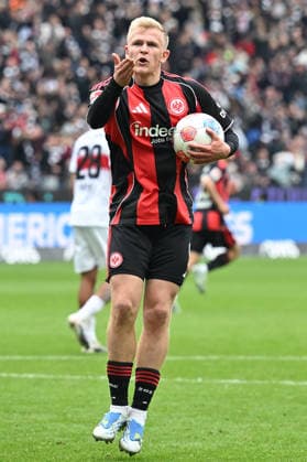 Soccer 1 Bundesliga 34 Matchday Eintracht Frankfurt VfB Stuttgart on 16 05 2026 at Deutsche Bank Park in Frankfurt Goal celebration for 1 2 by Jonathan Burkardt Frankfurt DFL regulations prohibit any use of photographs as image sequences and or quasi video xJKx