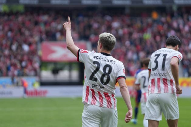 Matthias Ginter SC Freiburg, 28 Goal celebration, Emotions, Goal shot, Goal, Goal, Goal, Germany, Football, 1 Bundesliga, 34 Matchday, 2025 2026, SC Freiburg vs RB Leipzig, 16 05 2026, Europa Park Stadion, Freiburg Freiburg Europa Park Stadion Baden Württemberg Germany Copyright: xArnexAmbergx
