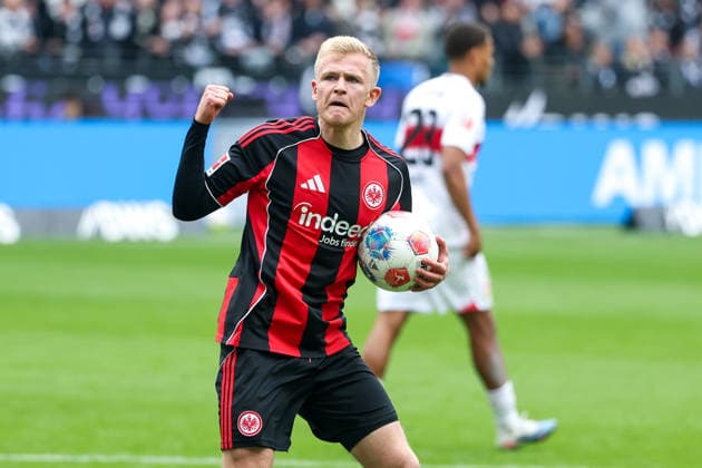 Soccer 1 Bundesliga Eintracht Frankfurt VfB Stuttgart on 16 05 2026 at Deutsche Bank Park in Frankfurt Cheering, goal celebration, goal scorer, goal scorer Jonathan Jonny Burkardt Frankfurt 9 cheers after his goal for 1 to 2 MH