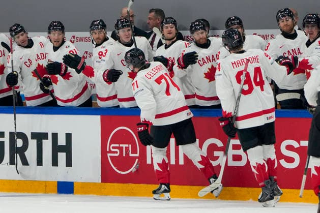 FRIBOURG, SWITZERLAND MAY 16 Macklin Celebrini of Canada celebrates his goal during the 2026 IIHF Ice Hockey World Championship Switzerland game between Italy and Canada at BCF Arena on May 16, 2026 in Fribourg, Fribourg Fribourg BCF Arena Fribourg Switzerland Copyright: xJustPictures.ch JarixPestelaccix jp-en-EuSpIm-JP6_JAR_Italy_Canada_16May2026_00055