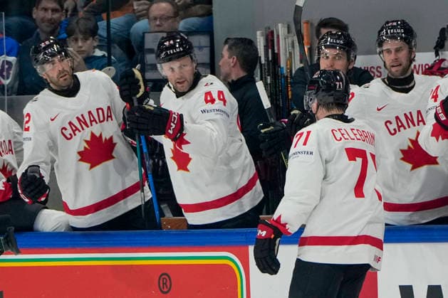 FRIBOURG, SWITZERLAND MAY 16 Macklin Celebrini of Canada celebrates his goal during the 2026 IIHF Ice Hockey World Championship Switzerland game between Italy and Canada at BCF Arena on May 16, 2026 in Fribourg, Fribourg Fribourg BCF Arena Fribourg Switzerland Copyright: xJustPictures.ch JarixPestelaccix jp-en-EuSpIm-JP6_JAR_Italy_Canada_16May2026_00057