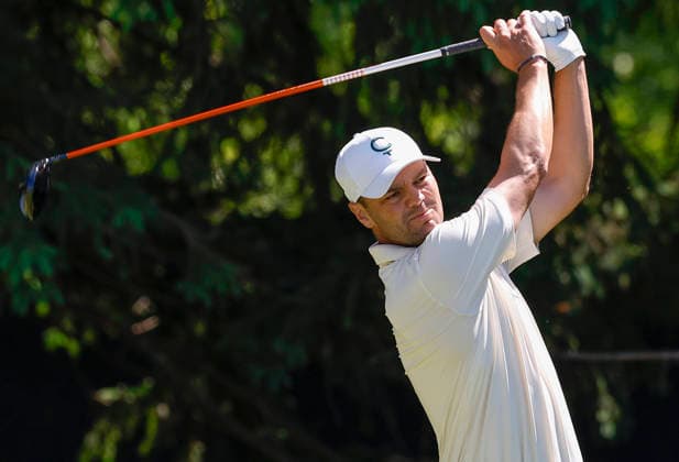 Martin Kaymer of Germany tees off on the 4th hole during the third round of the 2026 PGA, Golf Herren Championship at Aronimink Golf Club in Newtown Square, Pennsylvania, on Saturday, May 16, 2026.  PHI20260516801 LAURENCExKESTERSON