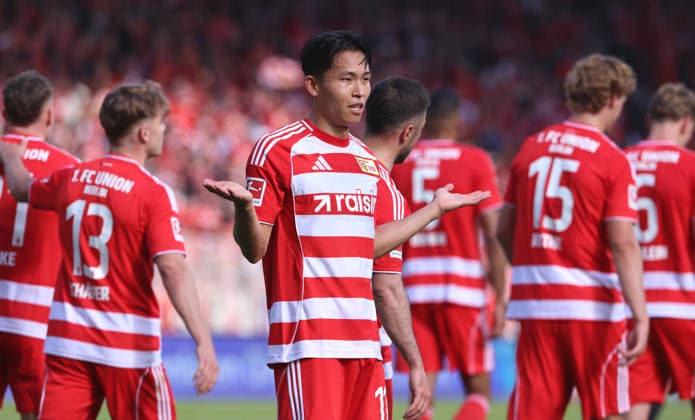 Wooyeong Jeong cheers after scoring 4 0 Joy Emotion Cheering Sport Football Soccer Bundesliga Men DFL 34 Matchday Season 2025 2026 16 05 2026 1 FC Union Berlin FCU vs FC Augsburg FCA DFL regulations prohibit any use of photographs as image sequences and or quasi video
