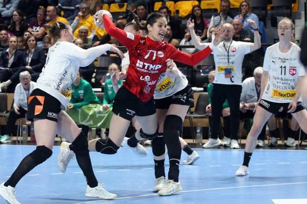 handball, ehf european league, 1 2 finale, thuringer - viborg NICOLAS GOISQUE MAXPPP - 16-5-2026, 15h00, handball, ehf european league, 1 2 finale, thuringer hc - viborg hk, kelly de abreu a trouvé un intervalle dans la défense danoise et vient tirer à 6 m  Copyright: xMAXPPPxNICOLASxGOISQUEx GSQ202605166146 GSQ202605166146