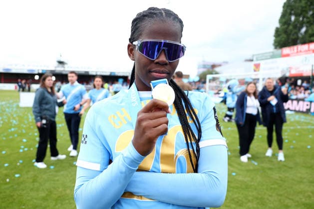 London, , 16th May 2026. Khadija Shaw of Manchester City Women with her medal as her team win the Women™s Super League after the West Ham United Women vs Manchester City Women Barclays Women s Super League match at Chigwell Construction Stadium, London. Picture credit should read: Paul Terry Sportimage EDITORIAL USE ONLY. No use with unauthorised audio, video, data, fixture lists, club league logos or live services. Online in-match use limited to 120 images, no video emulation. No use in betting, games or single club league player publications. SPI_027_PT_West_Ham_W_Man_City_W SPI-4804-0027