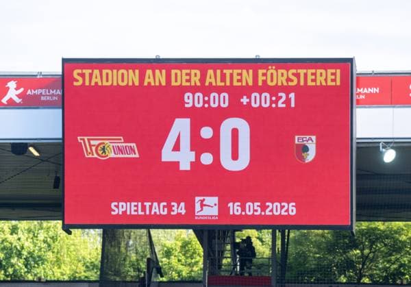 Soccer, Men, Season 2025 2026, 1 Bundesliga 34 Matchday , 1 FC Union Berlin FC Augsburg, Scoreboard with 4 0 Final Score, 16 05 2026, Copyright: xMatthiasxKochx
