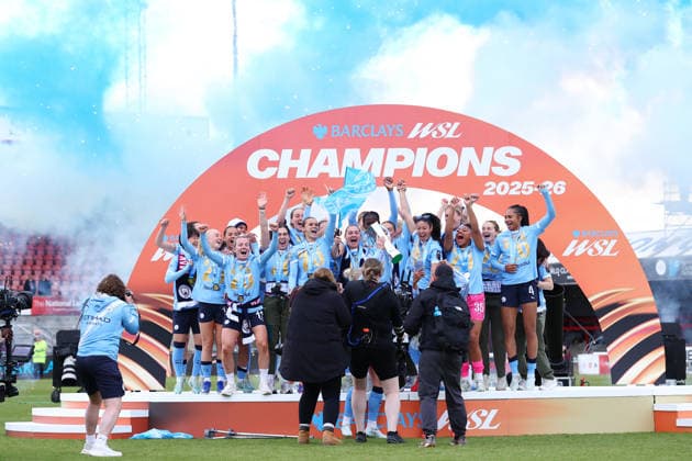 London, , 16th May 2026. Manchester City players celebrate with the trophy after winning the Women™s Super League after the West Ham United Women vs Manchester City Women Barclays Women s Super League match at Chigwell Construction Stadium, London. Picture credit should read: Paul Terry Sportimage EDITORIAL USE ONLY. No use with unauthorised audio, video, data, fixture lists, club league logos or live services. Online in-match use limited to 120 images, no video emulation. No use in betting, games or single club league player publications. SPI_036_PT_West_Ham_W_Man_City_W SPI-4804-0036
