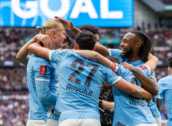 Football - FA Cup - Semi-Final - Chelsea FC v Manchester City FC LONDON, ENGLAND - Saturday, May 16, 2026: Manchester City s Antoine Semenyo (R) celebrates with team-mates Erling Haaland (L) and Matheus Nunes after scoring the first goal during the FA Cup Final between Chelsea FC and Manchester City FC at Wembley Stadium. (Photo by Ian Stephen Propaganda) LONDON Wembley Stadium GREATER LONDON ENGLAND  Copyright: xDavidxRawcliffex P2026-05-16-FA_Cup_Final-38