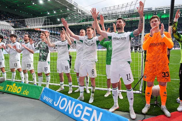 16 05 2026, xydrx, Men, Football, 1 Bundesliga, Borussia Mönchengladbach TSG 1899 Hoffenheim, Season 2025 2026, Borussia Park Giovanni Reyna Borussia Mönchengladbach, 13 Joe Scally Borussia Mönchengladbach, 29 Florian Neuhaus Borussia Mönchengladbach, 10 Philipp Sander Borussia Mönchengladbach, 16 Yannik Engelhardt Borussia Mönchengladbach, 6 Tim Kleindienst Borussia Mönchengladbach, 11 Moritz Nicolas Borussia Mönchengladbach, 33 celebrate the victory DFB regulations prohibit any use of photographs as image sequences and or quasi video Copyright: HMBxMedia YannisxDreimann