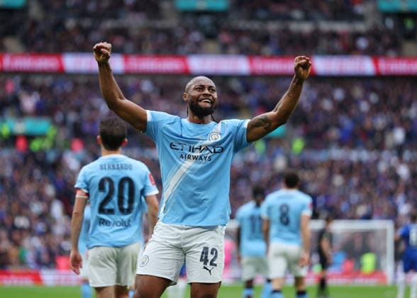 RECORD DATE NOT STATED 16th May 2026; Wembley Stadium, London, England; FA Cup Final Football, Chelsea versus Manchester City; Antoine Semenyo of Manchester City celebrates scoring his sides 1st goal in the 72nd minute to make it 0-1 JPxFletcher