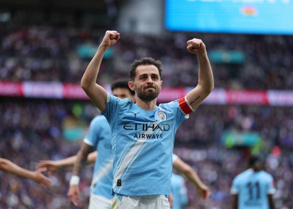 RECORD DATE NOT STATED 16th May 2026; Wembley Stadium, London, England; FA Cup Final Football, Chelsea versus Manchester City; Bernardo Silva of Manchester City celebrates after Antoine Semenyo of Manchester City scored his sides 1st goal in the 72nd minute to make it 0-1 JPxFletcher