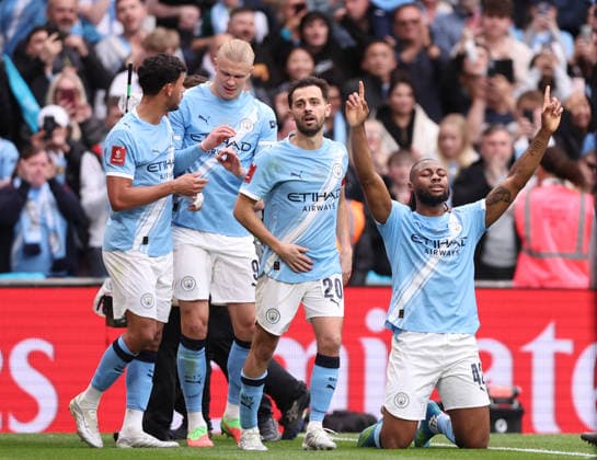 London, England, 16th May 2026. Antoine Semenyo of Manchester City celebrates scoring the first goal during the Chelsea vs Manchester City FA Cup Final match at Wembley Stadium, London. Picture credit should read: David Klein Sportimage EDITORIAL USE ONLY. No use with unauthorised audio, video, data, fixture lists, club league logos or live services. Online in-match use limited to 120 images, no video emulation. No use in betting, games or single club league player publications. SPI_060_DK_Chelsea_Manchester_City SPI-4803-0061