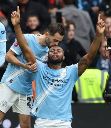 The Emirates FA Cup Final 2026 - Chelsea FC v Manchester City FC LONDON, ENGLAND, MAY 16: GOAL 1-0, Antoine Semenyo of Manchester City goal celebration with Bernardo Silva of Manchester City who kisses him on the head after scoring a goal to put Manchester City 1-0 ahead during The Emirates FA Cup Final 2026 match between Chelsea FC v Manchester City FC at Wembley Stadium, London, England, on May 16. (Photo by Daniel Weir) London Wembley Stadium England Copyright: xDanielxWeir SportsxPressxPhotox Sportspressphoto_SPR147843
