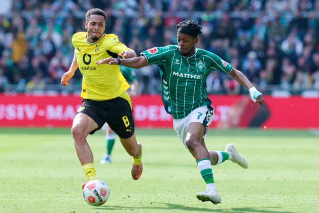 Felix Nmecha Borussia Dortmund and Samuel Mbangula Werder Bremen battle for the ball, Bundesliga, SV Werder Bremen v Borussia Dortmund, Weserstadion, May 16, 2026 in Bremen, Germany Photo by Marco Steinbrenner DeFodi Images Felix Nmecha Borussia Dortmund and Samuel Mbangula Werder Bremen battle for the ball, Bundesliga, SV Werder Bremen v Borussia Dortmund, Weserstadion, May 16, 2026 in Bremen, Germany Photo by Marco Steinbrenner DeFodi Images DFL regulations prohibit any use of photographs as image sequences and or quasi video